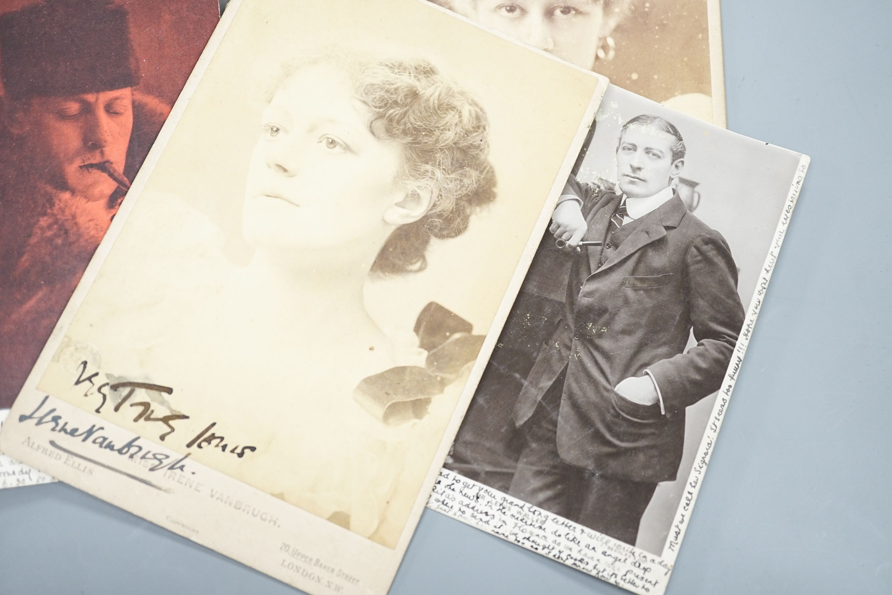 A collection of Victorian and later monochrome theatrical portrait photographs including signed examples of Irene and Violet Vanbrugh and Sir Francis Robert Benson.